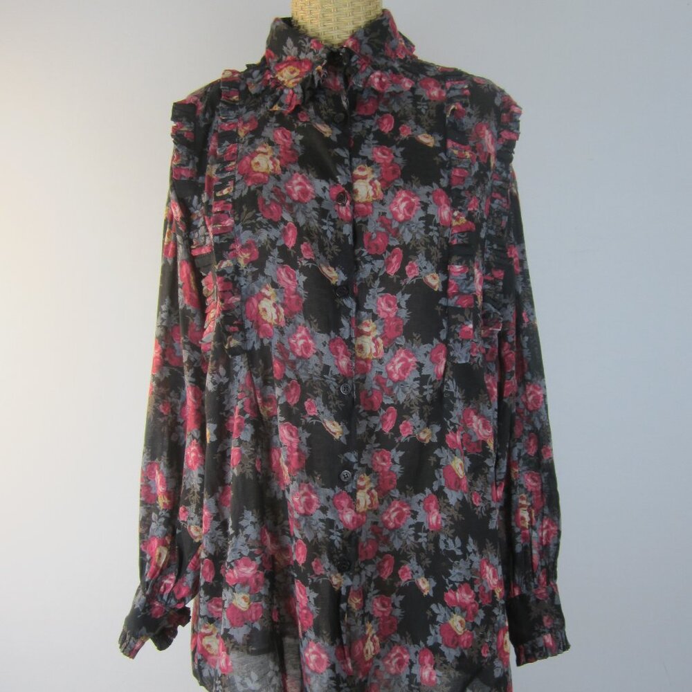Vtg Take Away Womens M Floral Y2K Ruffle Cotton Rayon Relaxed Collared Shirt Top